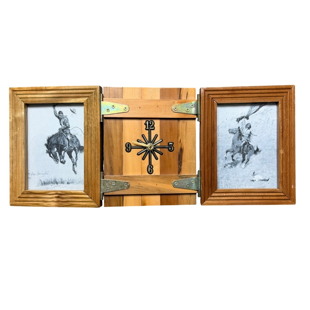 Vintage Rustic Wood Frederic Remington Western Triptych Desk Clock Picture Frame